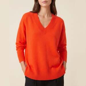 Size M-Double Zero Orange Red V-Neck Relaxed Pullover Sweater
